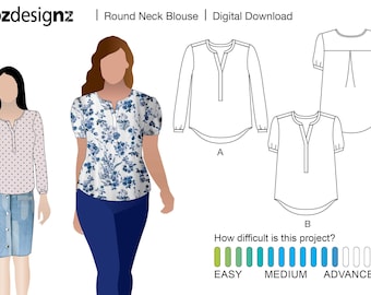 Round Neck Blouse Pattern, easy sewing, no buttons - five sizes in one, Instant download, DIGITAL PATTERN. Comfy, stylish, women's fashion