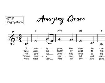 Amazing Grace - 3 Keys: D, F & G, Simple Chord Chart, Large beginner notes for easy sight-reading