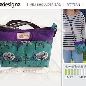 May include: A teal and purple mini shoulder bag with a tree pattern. The bag has a black strap and is shown being worn by a person. The difficulty level of the project is rated as easy to medium.