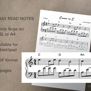 May include: A sheet of music for Canon in C by Johann Pachelbel. The music is printed in black and white on white paper. The title "Canon in C" is printed at the top of the page. The music is written in standard notation. The sheet music is suitable for printing on US Letter or A4 paper.