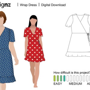 Wrap Dress Pattern - Simple Sewing - 5 sizes in one - instant download