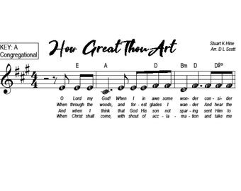 How Great Thou Art - 3 Keys: G, A & Bb, Simple Chord Chart, Large beginner notes for easy sight-reading