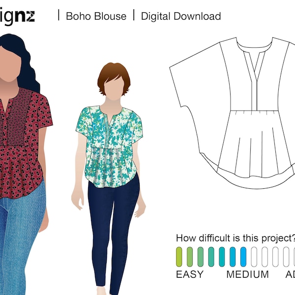 Boho Blouse Pattern - easy sewing - five sizes in one, Instant download, DIGITAL PATTERN. Comfy, stylish, women's fashion