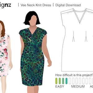 以下が含まれることがあります： Vネックのニットドレスのデジタルダウンロードパターン。パターンには、ドレスの線画と、異なる生地を使用したドレスの例が2つ含まれています。難易度レベルは、簡単から中程度に評価されています。