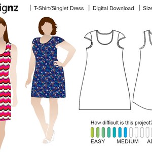 May include: A digital sewing pattern for a T-shirt or singlet dress. The pattern includes two styles: a sleeveless dress and a dress with short sleeves. The pattern is available in sizes 6-22. The difficulty level is rated as easy to medium.