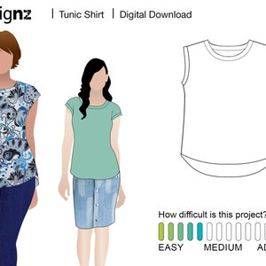 May include: A digital download pattern for a tunic shirt with a rounded neckline and short sleeves. The pattern is shown on a model wearing a printed tunic shirt and a model wearing a solid green tunic shirt. The difficulty level is shown as easy to medium.