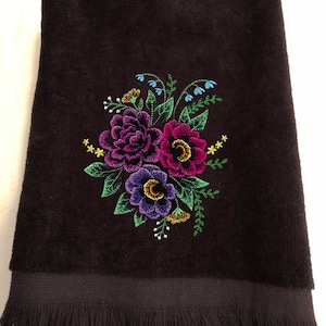Fingertip Towels, Floral Embroidered Towels, Bathroom Decor, Midnight Flowers, Embroidered Flowers, Housewarming Gift, Gift For Her