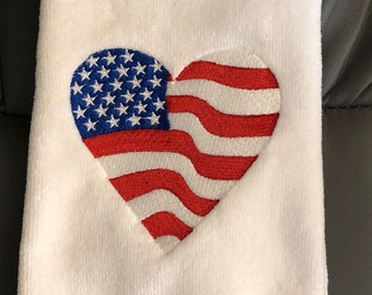 Embroidered Patriotic Heart Flag Fingertip Towel, USA Decor