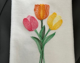Embroidered Tulip Fingertip Towel, Terry Velour, Spring Decor