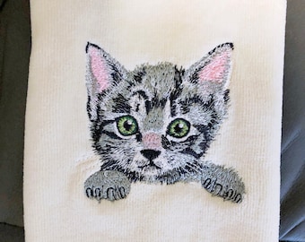 Embroidered Kitten Hand Towel, EuroCafe White Cotton, Cat Lover Gift
