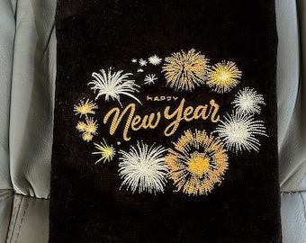 Embroidered Happy New Year Hand Towel, Firework Kitchen Decor