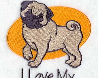 Embroidered I Love My Pug Tea Towel