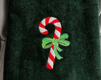 Christmas Fingertip Towel, Embroidered Candy Cane Hand Towels, Holiday Towels