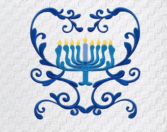 Embroidered Hanukkah Menorah Kitchen Tea Towel