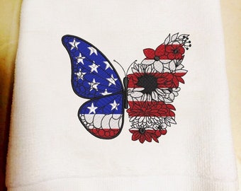 Embroidered Patriotic Butterfly Fingertip Towel: Red White and Blue Decor
