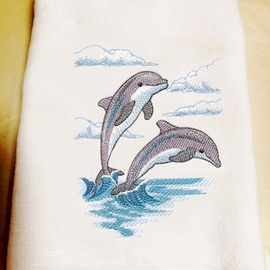 Fingertip Towels, Dolphins Leaping, Embroidered Towel, Bathroom Decor, Sea Shore House Decorative Towels, Housewarming Gift, Beach and Ocean