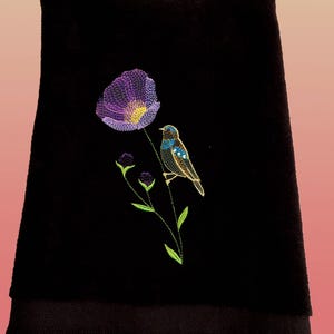 Fingertip Towel, Embroidered Hand Towels, Poppy and Bird on Black, Bathroom Decor, Housewarming Gift, Gift for Her