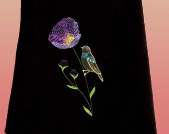 Embroidered Fingertip Towel, Poppy and Bird Design, Black Terry Velour