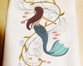 Embroidered Mermaid Fingertip Towel, Terry Velour, Shore House Decor