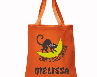 Personalized Halloween Tote Bag: Embroidered Black Cat Trick or Treat Bag