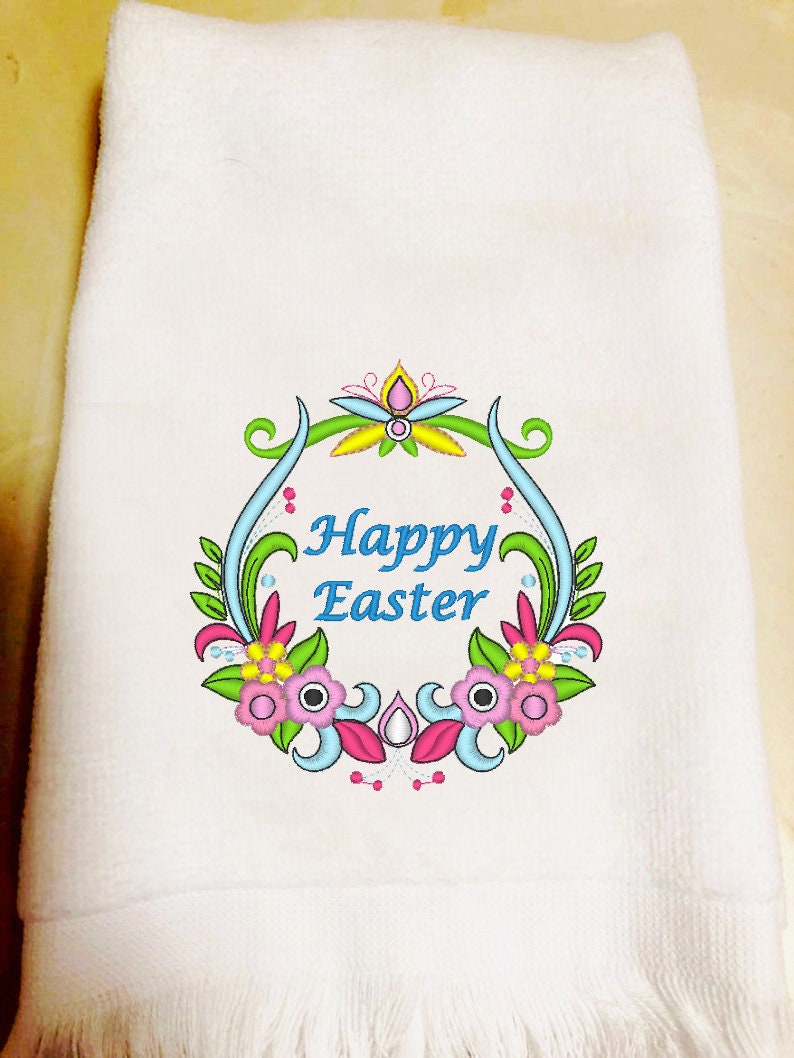 Embroidered Happy Easter Towels, Fingertip or Kitchen Easter Towels, Bathroom Decor, Kitchen Decor, Easter Gift, Hostess Gift image 1