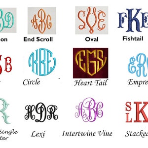 May include: A graphic showing 10 different monogram styles, including Carson, End Scroll, Oval, Fishtail, Bliss, Circle, Heart Tail, Empress, Tulip Single Letter, Lexi, Intertwine Vine, and Stacked.