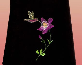 Embroidered Hummingbird Fingertip Towel, Black Terry Velour