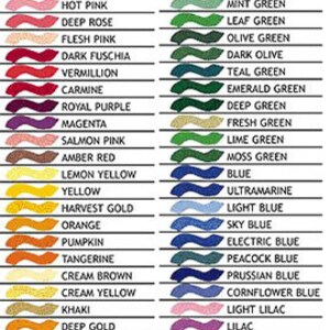 May include: A chart showing a variety of thread colors, with names listed next to each color swatch. The colors include black, white, red, hot pink, deep rose, flesh pink, dark fuchsia, vermilion, carmine, royal purple, magenta, salmon pink, amber red, lemon yellow, yellow, harvest gold, orange, pumpkin, tangerine, cream brown, cream yellow, khaki, deep gold, brass, linen, dark brown, reddish brown, clay brown, beige, warm gray, russet brown, light brown, seacrest, mint green, leaf green, olive green, dark olive, teal green, emerald green, deep green, fresh green, lime green, moss green, blue, ultramarine, light blue, sky blue, electric blue, peacock blue, prussian blue, cornflower blue, light lilac, lilac, violet, purple, lavender, wisteria violet, pewter, dark gray, silver, gray.