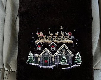 Embroidered Christmas Towel, Santa on Rooftop, Holiday Decor