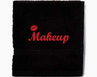 Embroidered Makeup Washcloth, Black Face Towel, Lips Design