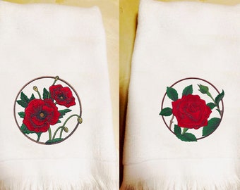 Embroidered Towels, Poppies, Roses, Bathroom Decor, Fingertip Towels, Hand Towels, Towels with Flowers, Housewarming Gift, Hostess Gift