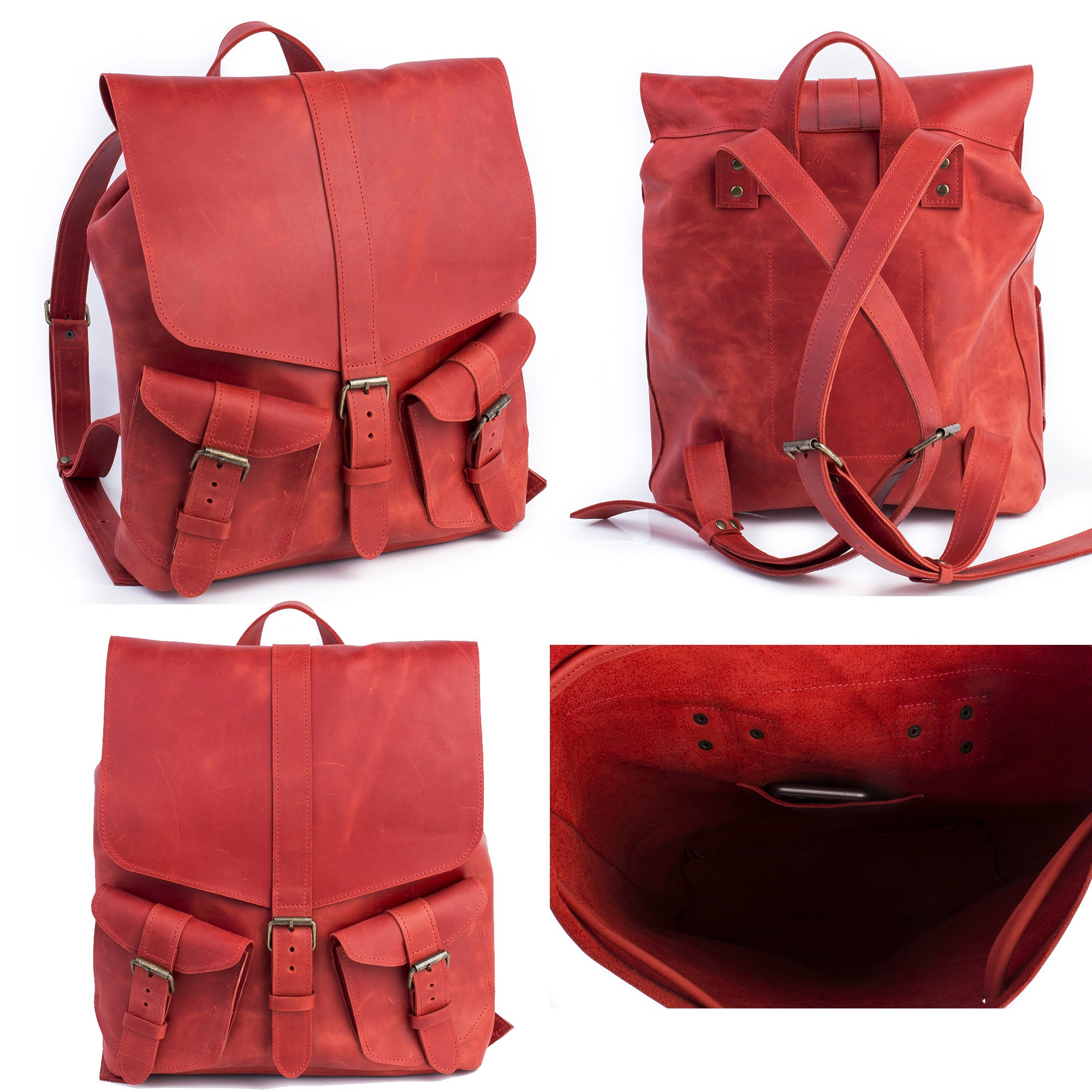 Leather backpack Red leather backpack Leather rucksack Red Etsy