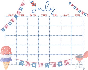 4th of July Printable Calendar Independence Day Fireworks - Etsy