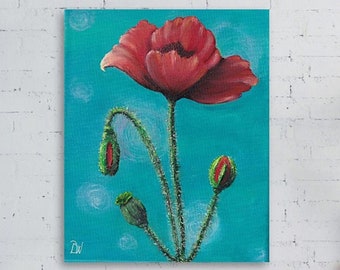 Tableau coquelicot rouge | Peinture à l'huile | Art floral | Fleur d'anniversaire d'août | Art et objet de collection | Coquelicot rouge sur bleu sarcelle |