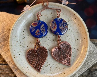 Copper Leaf Earrings • Blue Czech Glass Earrings • Autumn-Inspired Artisan Dangles • Handmade Fall Earrings • Gift for Her