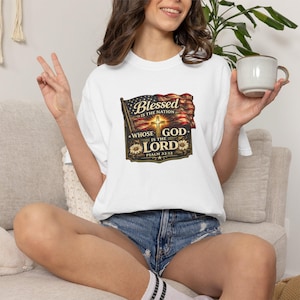 Blessed Is the Nation Scripture Graphic T-Shirt | Psalm 33:12 Patriotic Faith Tee