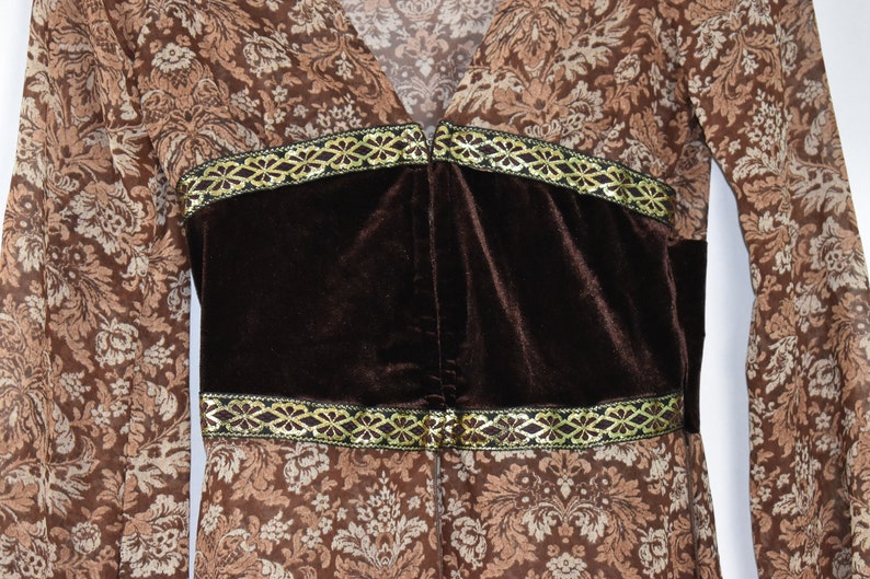 Vintage Sole Mio 1990s bohemian boho top robe loose panel skirt small sheer drown floral print grunge scene metallic gold ribbon trim