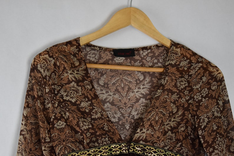 Vintage Sole Mio 1990s bohemian boho top robe loose panel skirt small sheer drown floral print grunge scene metallic gold ribbon trim