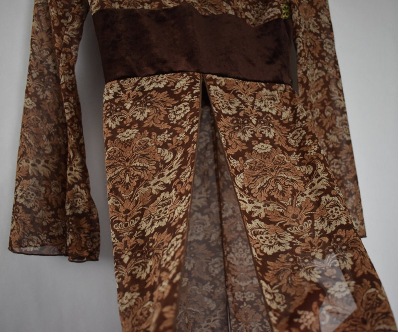 Vintage Sole Mio 1990s bohemian boho top robe loose panel skirt small sheer drown floral print grunge scene metallic gold ribbon trim