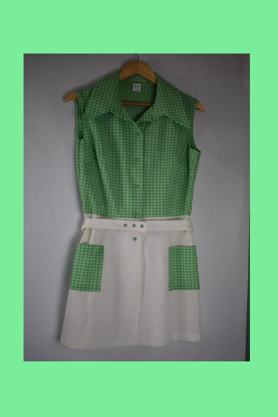 vintage 60s dress double polyester white green si… - image 1