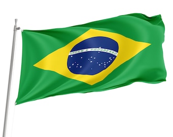 Bandeira do Brasil, poliéster premium, para uso interno e externo, fabricada na Europa, disponível em vários tamanhos.