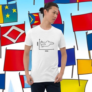 Może przedstawiać: Biały T-shirt z czarno-białą ilustracją optycznej iluzji kaczki-królika. Ilustracja to wykres z napisami "kaczka" i "królik" oznaczającymi osie.