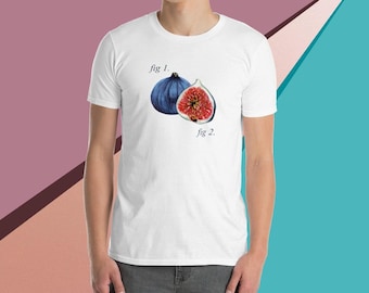 Könnte beinhalten: Weißes T-Shirt mit einem Motiv von zwei Feigen, eine ganz und eine halbiert. Der Text "fig 1." befindet sich über der ganzen Feige und "fig 2." unter der halbierten Feige.