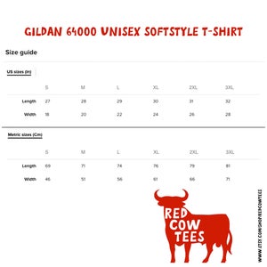 K&ouml;nnte beinhalten: Gr&ouml;&szlig;entabelle f&uuml;r das Gildan 64000 Unisex Softstyle T-Shirt, mit Ma&szlig;en in Zoll und Zentimetern f&uuml;r die Gr&ouml;&szlig;en S bis 3XL.