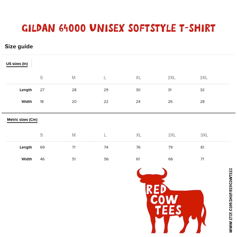 K&ouml;nnte beinhalten: Gr&ouml;&szlig;entabelle f&uuml;r das Gildan 64000 Unisex Softstyle T-Shirt, mit Ma&szlig;en in Zoll und Zentimetern f&uuml;r die Gr&ouml;&szlig;en S bis 3XL.