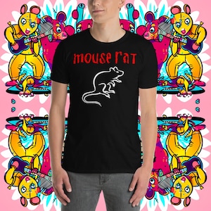 May include: Black t-shirt featuring a white silhouette of a rat and the text "mouse rat" in red.