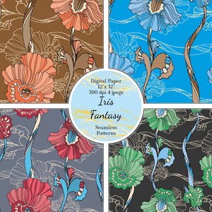 May include: Four seamless digital paper patterns featuring stylized iris flowers in various colors, including blue, green, orange, and red. The patterns are set against a background of brown, blue, gray, and black. The text "Digital Paper 12" x 12" 300 dpi 4 jpegs Iris Fantasy Seamless Patterns" is included in the image.