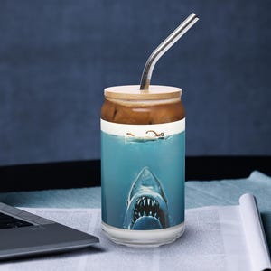 Vintage Jaws Movie Poster on Can Shaped Drinking Glass