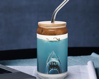 Vintage Jaws Movie Poster on Can Shaped Drinking Glass