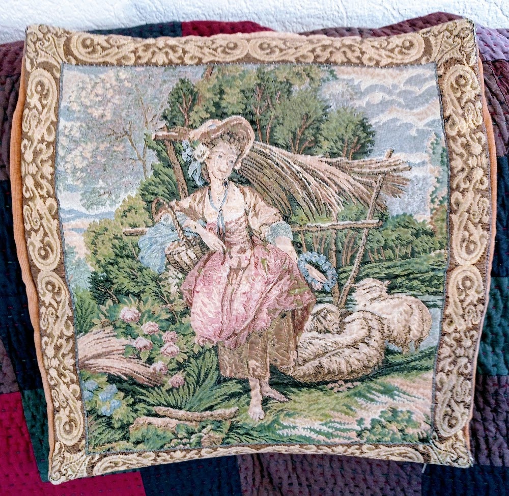 Tapisserie Vintage Imprimé Sujet Ancien Housses Coussin, Antique, Unique, Fait à La Main 40-50S, Tis